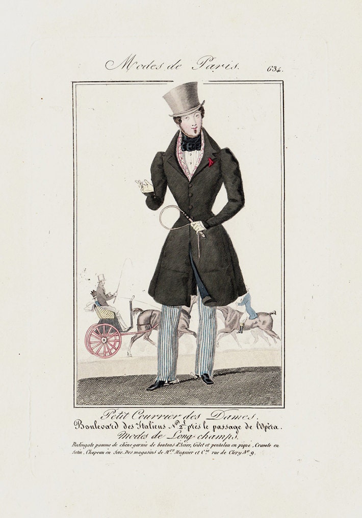 1830  Antique DANDY FASHION engraving. Men in Top Hat . ''Modes de Paris'' 183 years old gorgeous print.