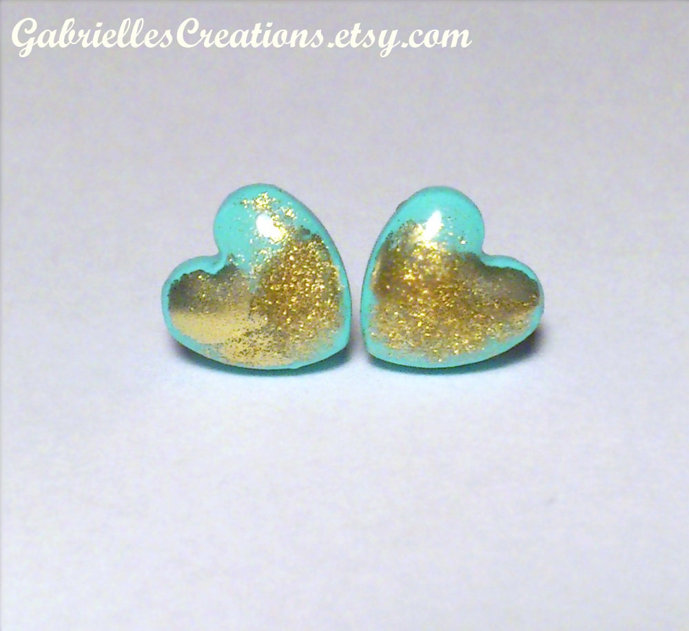 Tiffany Blue Gold Heart Stud Earrings - Elegant Chic Gift for Her - Polymer Clay & Resin Jewelry - Cute Earrings - Romantic - Heart