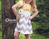Girls Yellow White and Grey Chevron Dress with Removable Flower (sizes 6M to 6)