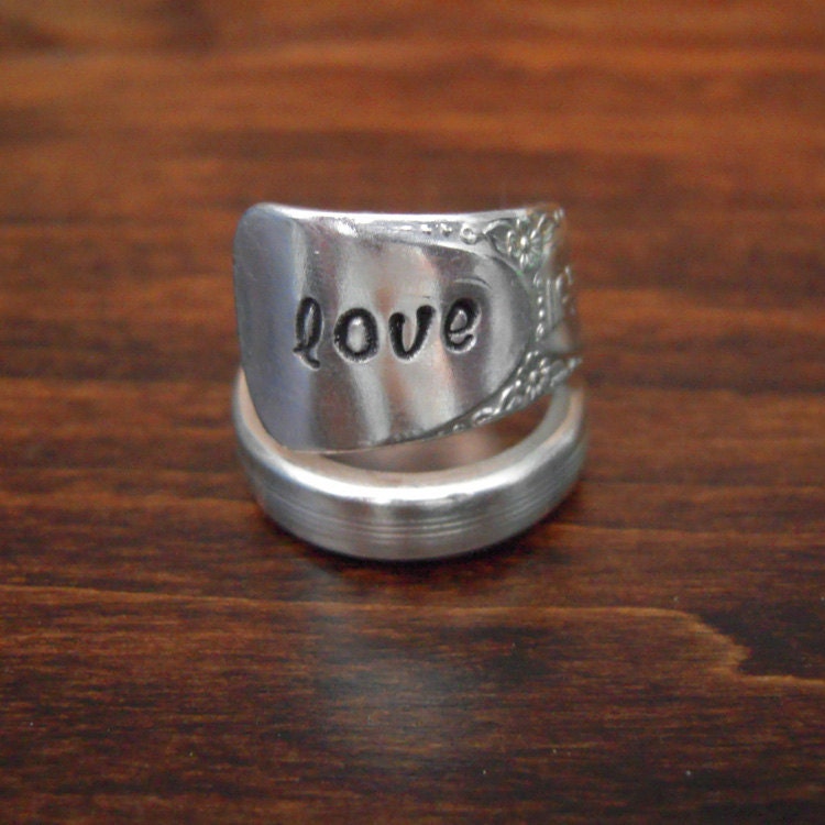 Hand Stamped Jewelry, Eco Friendly Silver Spoon Ring - LOVE