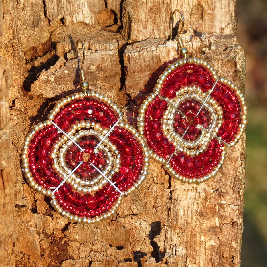 Red Beadwork Earrings, African Beaded Earrings, Maasai Beading, Garnet Earrings