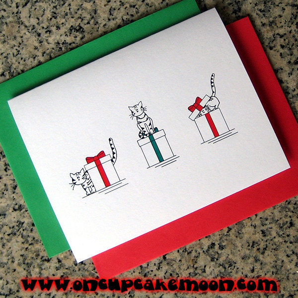 cute cat trio with red and green presents holiday christmas cards (blank/custom printed) with red or green envelopes - set of 10