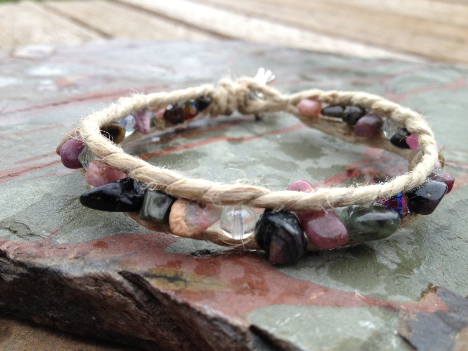 Hemp Stone Bracelet. Tourmaline Stones. with Pretty Bird end bead