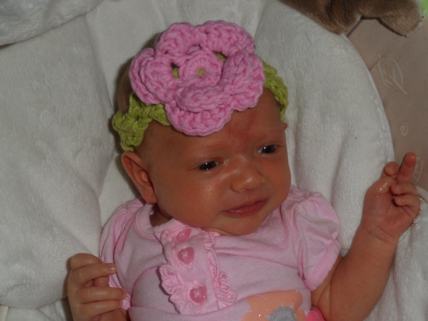 Green Crocheted Baby Infant Headband with Pink Flower