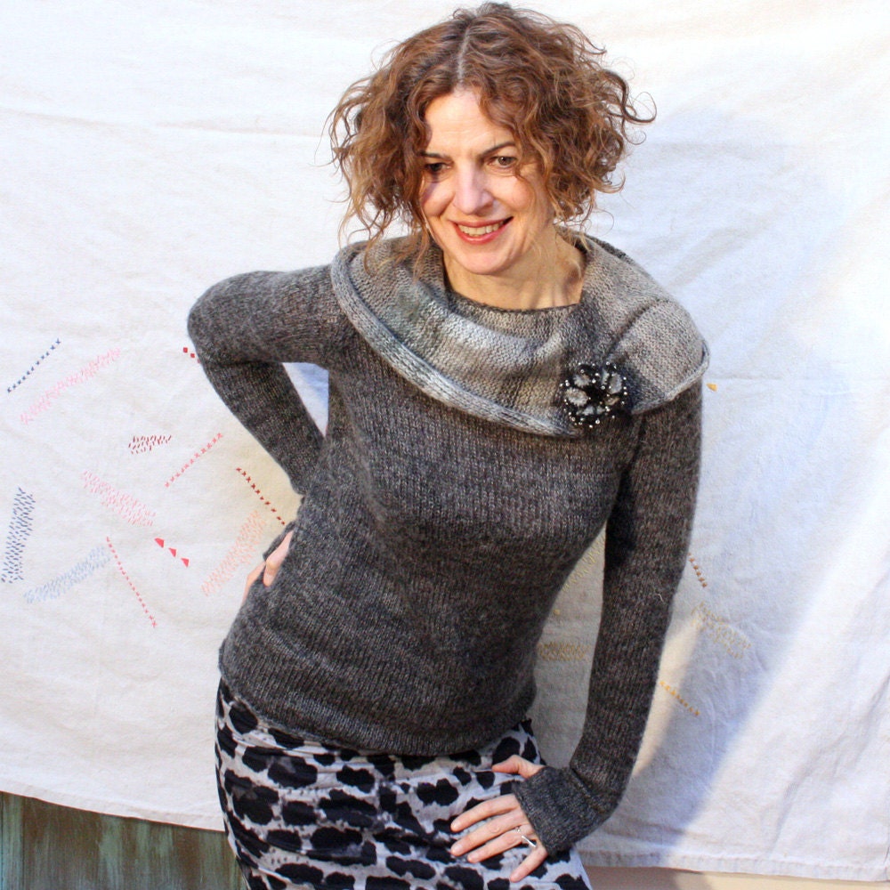Cowl Neck Sweater - Charcoal - M womens knit with kid mohair and silk