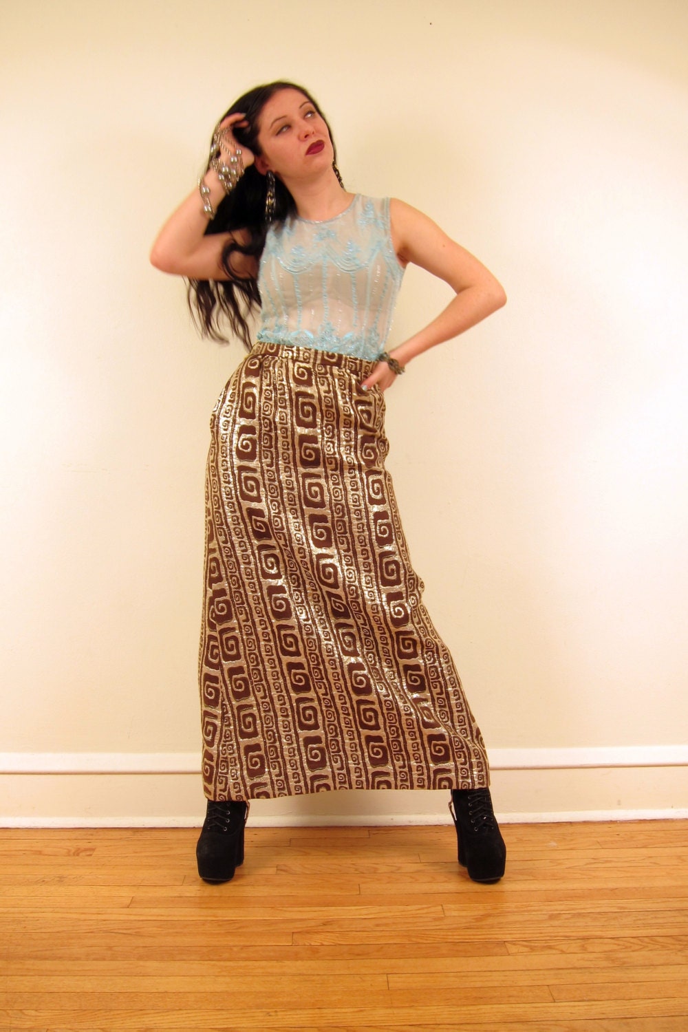 Vintage 1960s Maxi Skirt in Metallic Print, Brown and Silver, XS by Nelly de Grab