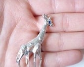 Vintage Giraffe Brooch- 80s, Blue, Silvertone, kitsch