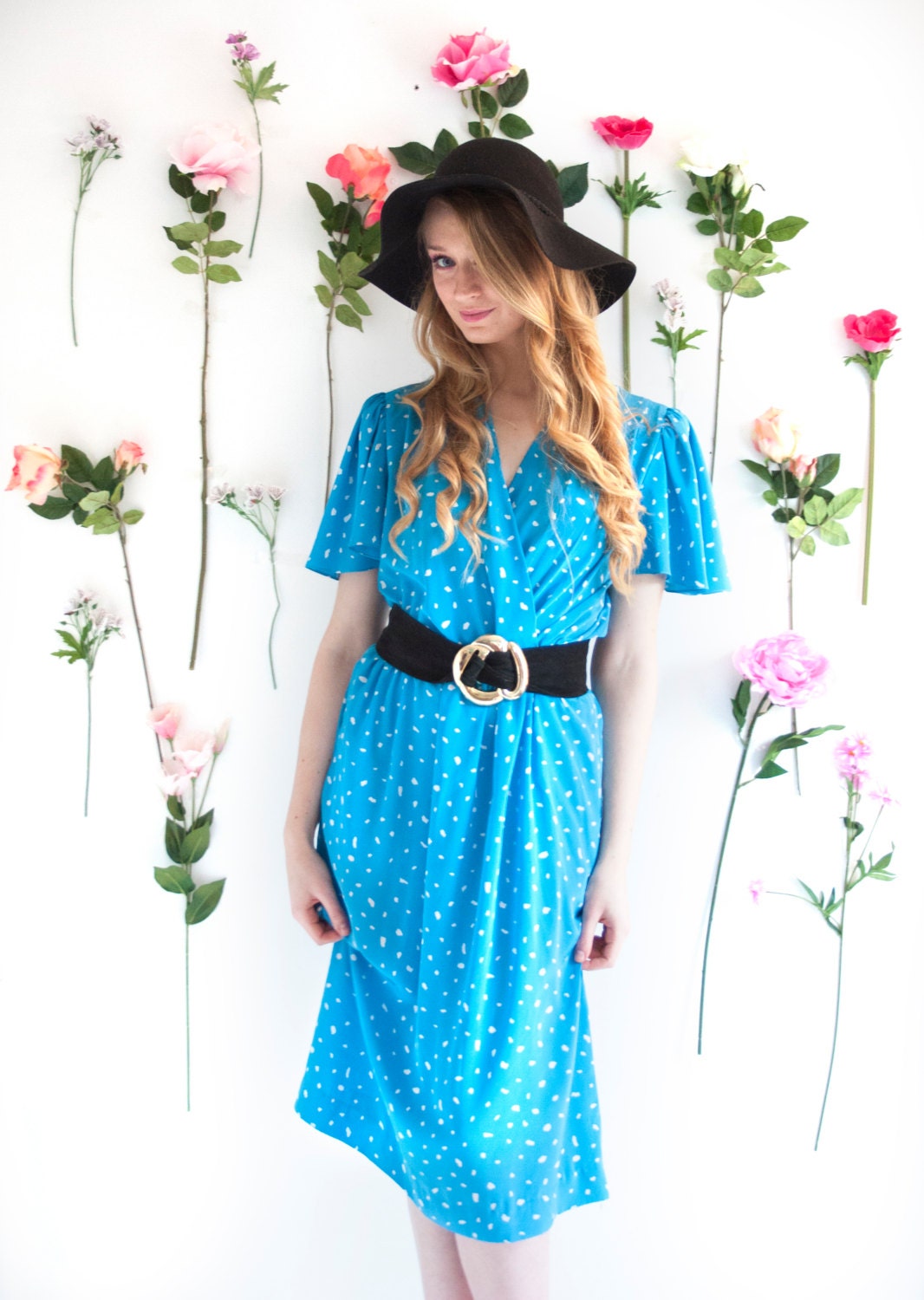 Jennie, French Vintage, 1970s Electric Blue Polka Dot Midi Dress from Paris