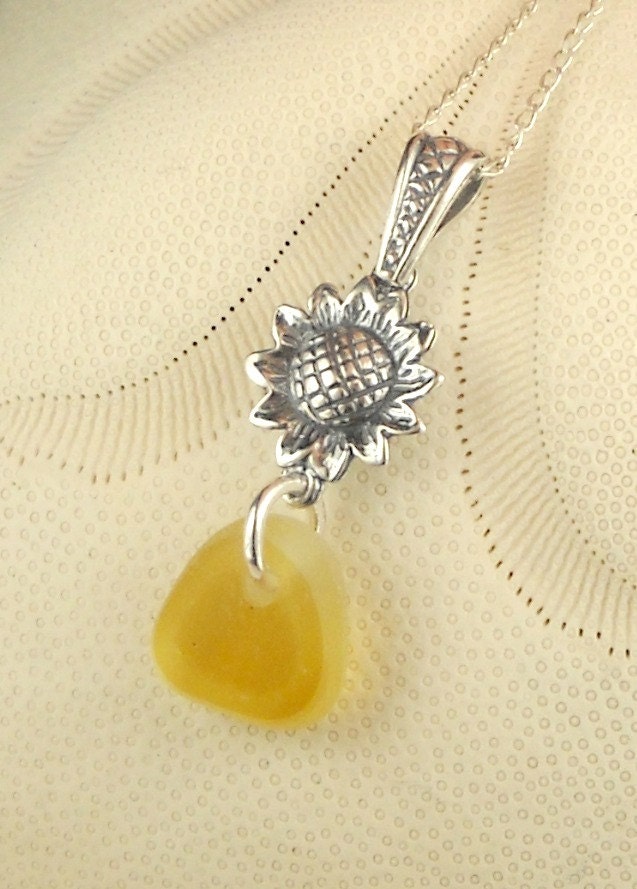 RARE Eco Friendly Sea Glass Jewelry Yellow English Multi Sunflower Necklace