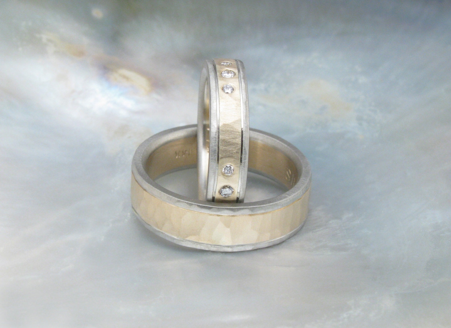 two tone wedding bands with gypsy-set diamonds -- by Ravens' Refuge