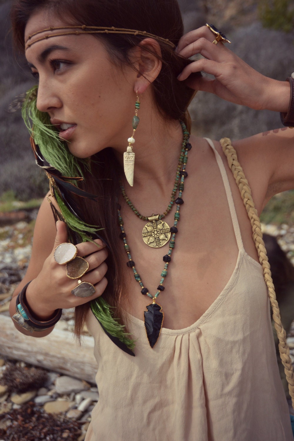 TURQUOISE HORN /// Earthy Brass, Turquoise, Bone /// Boho Tribal Earrings