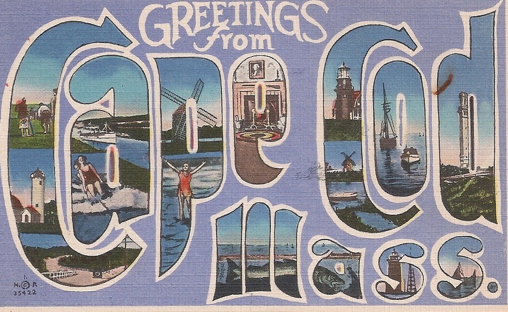 Greetings from Cape Cod Massachusetts Vintage Linen Postcard 1950's Multi-Scenes Large Letter Greeting Card