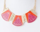Tribal Aztec Geometric Print Statement Necklace Pink & Orange