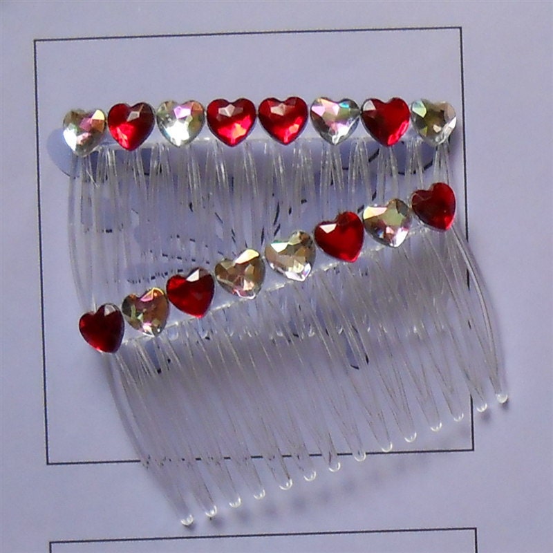 Heart Combs, Red or Crystal AB  Double Hearts - Rhinestone Hair Accessory