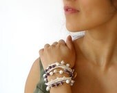 romantic wrap bracelet / necklace - lilac, white, silver  - lace, glass beads - natural wood button closure - mixed media bracelet