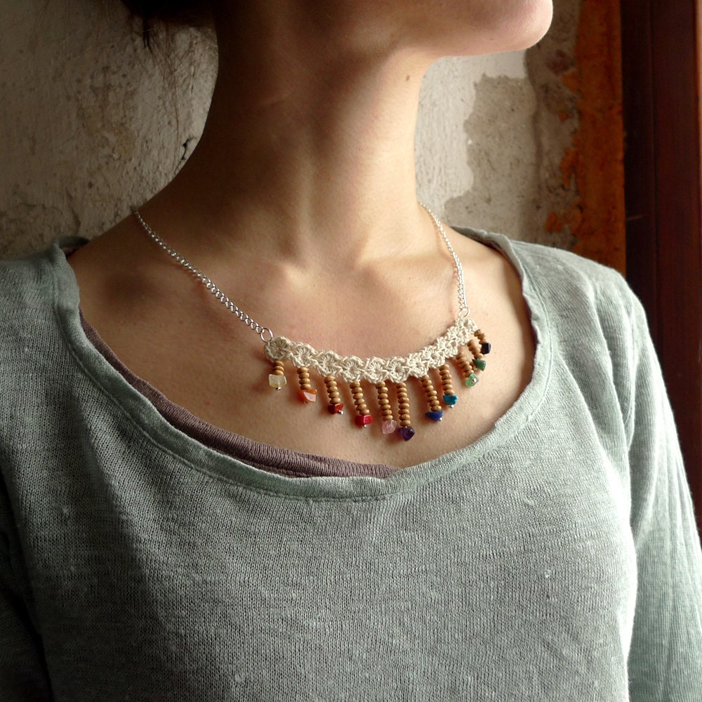 rainbow bib necklace - multi gemstone necklace, ivory crochet jewelry - silver chain - cascade fringe - natural necklace yoga necklace