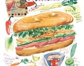 Vietnamese sandwich Banh Mi watercolor recipe illustration print, 8X10 poster, Kitchen art, Asian street food, Global cuisine wall decor
