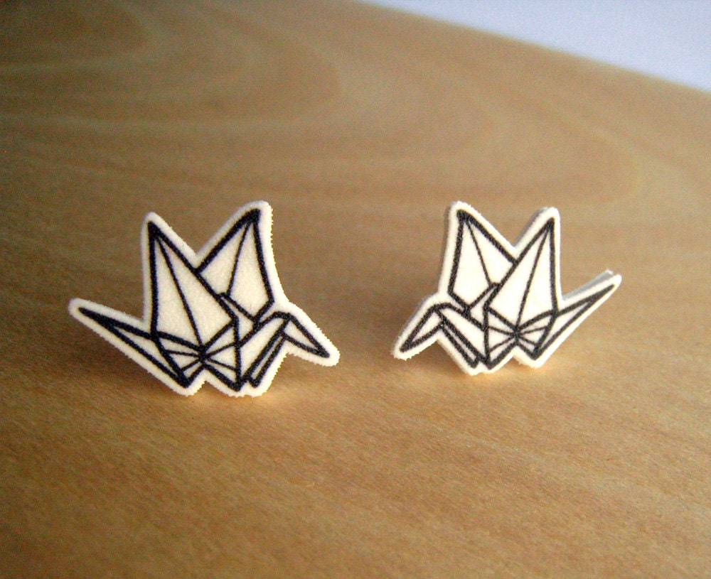 White Origami Crane Post Earrings Shrinky Plastic