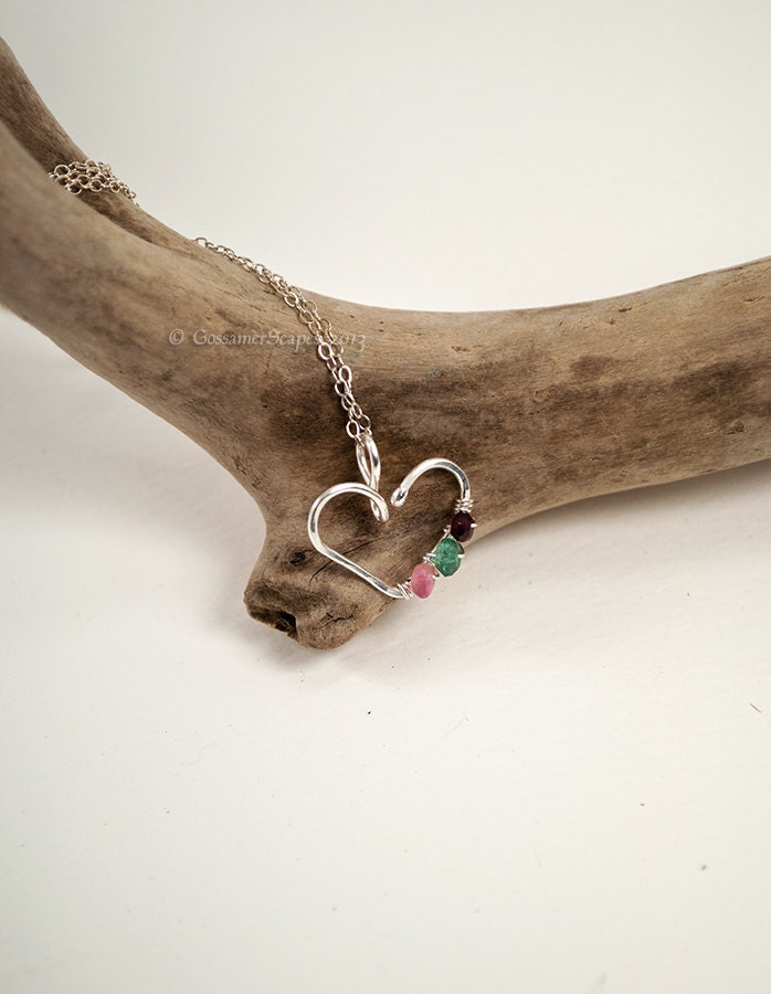 Mother family necklace sterling silver heart hammered gemstones choose 3