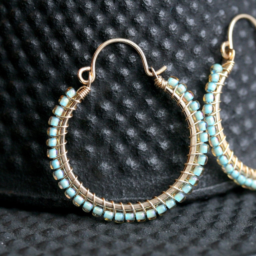 Handmade beaded hoops, medium size, turquoise, aqua, Toho seed beads, gold filled, teal, hoop earrings, wire wrapped, Mimi Michele Jewelry