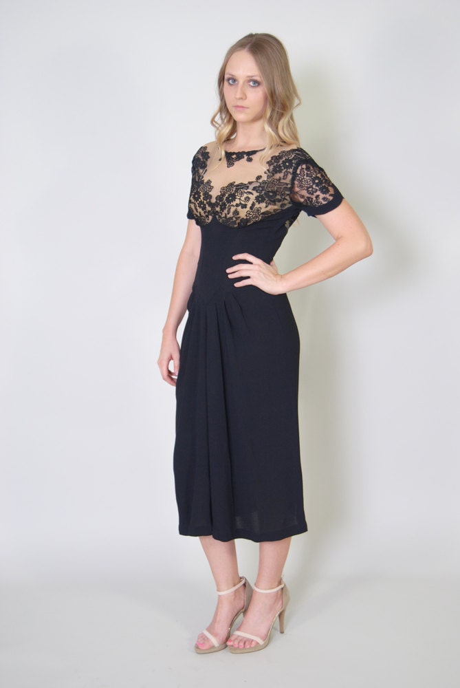Vintage Lace Dress 30s Nude Illusion Jean Carol Designer Black Dress XS LBD Lace Dress