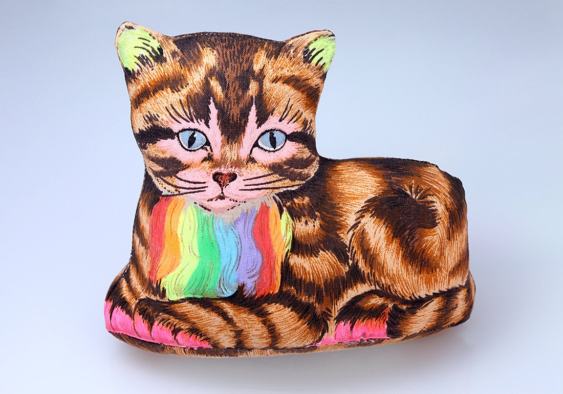 Rainbow Bearded Tabby Cat Plush Vintage Brown Tabby Cloth Stuffed Animal Plushie Kawaii Strange Eccentric Home Decor