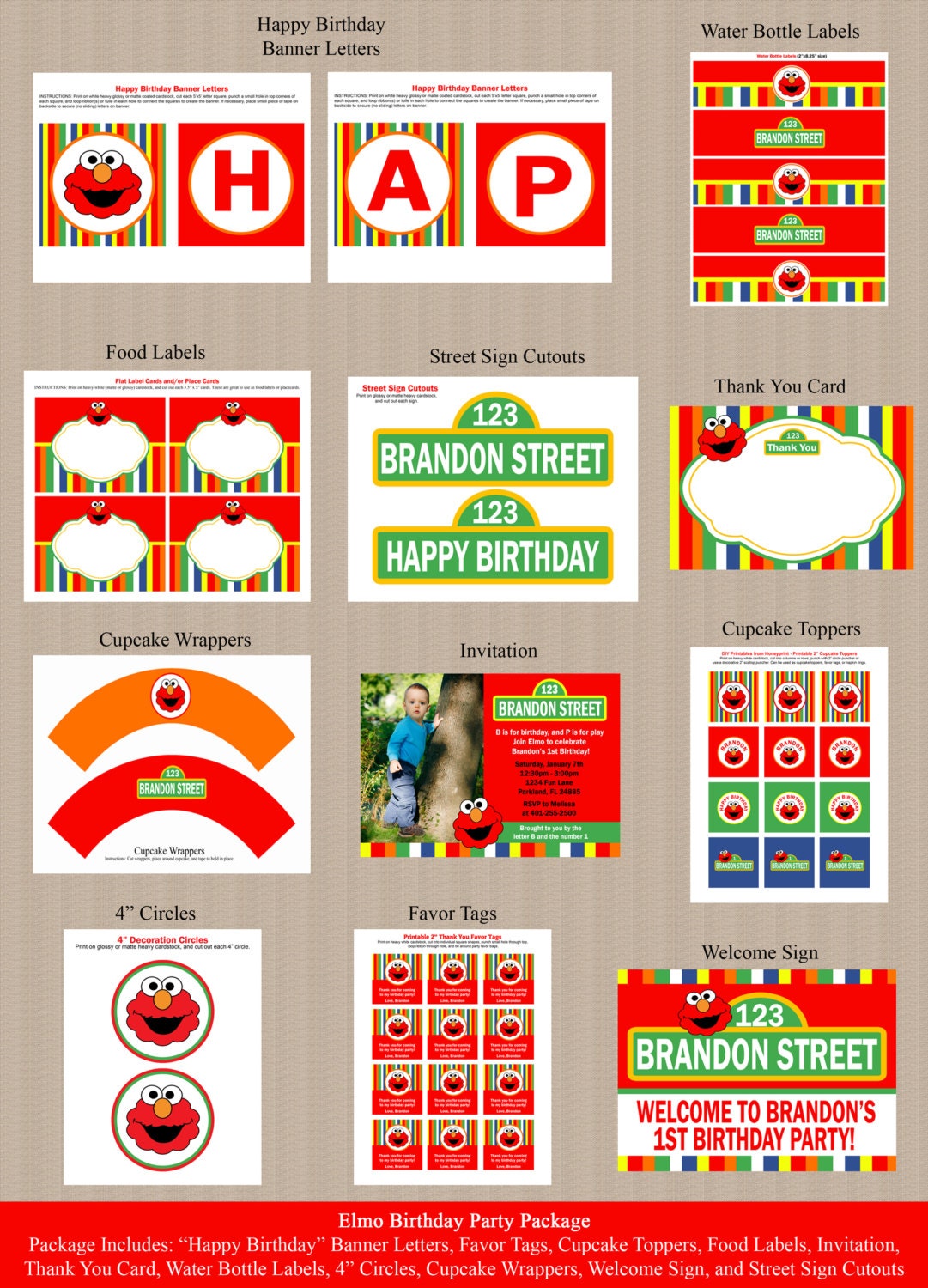Elmo Birthday Party Package - Birthday Invitation, Cupcake Toppers, Favor Tags and more