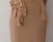 Nude color long dress with ruffle belt, wide neck dress, fitted dress with belt, handmade by Cheryldine