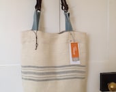 Grain sack Tote. Pale Blue Stripe. Antique Floral Linen. Burlap with Vintage Leather Handle.