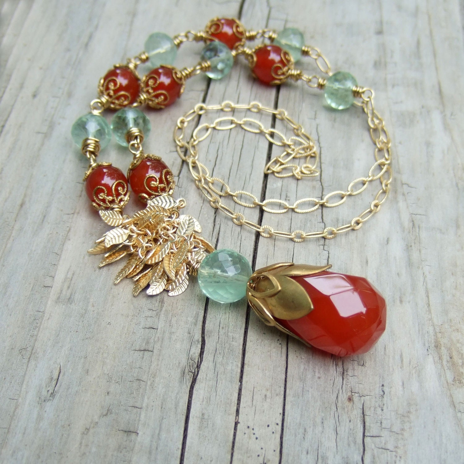 Carnelian Statement Necklace - Natural Stone Jewelry - Carnelian Necklace - Burnt Orange Necklace - Wire Wrap Necklace - Gold Chain