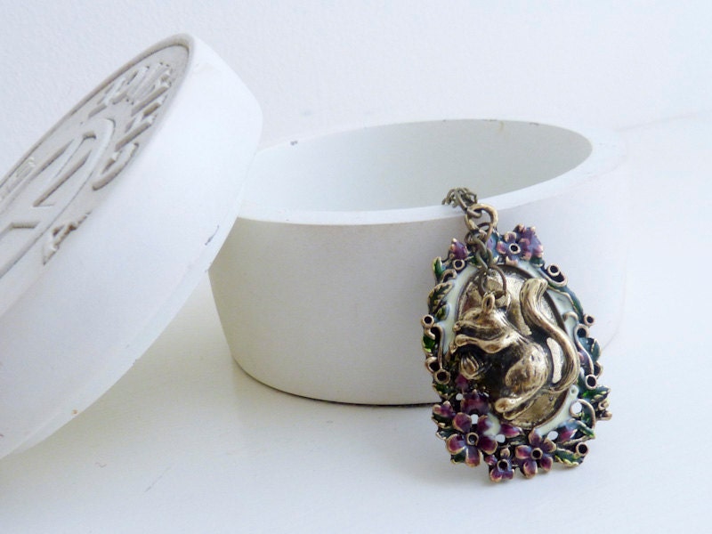 Squirrel Necklace With Acorn- Gold Frame - Purple Flowers