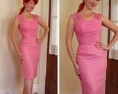 DESIGNER 1950's Stunning Hourglass Candy Pink Ruched Silk Chiffon Wiggle Cocktail Dress by Emma Domb of California - Mint - VLV - Size M