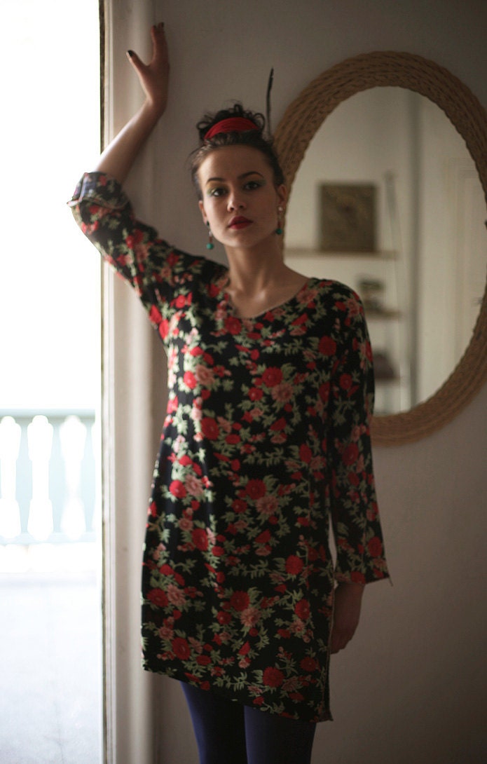 Black Tunic Dress with Red and Pink Flowers