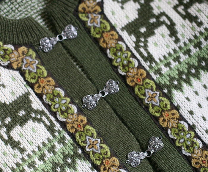 Fern Green Embroidered Nordic Folk stylel Cardigan with Deer silhouette and Metal clasps