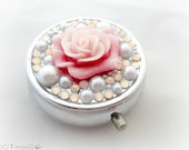 Pink rose pill box, kawaii white pearls decoden pill case, bridesmaid gift