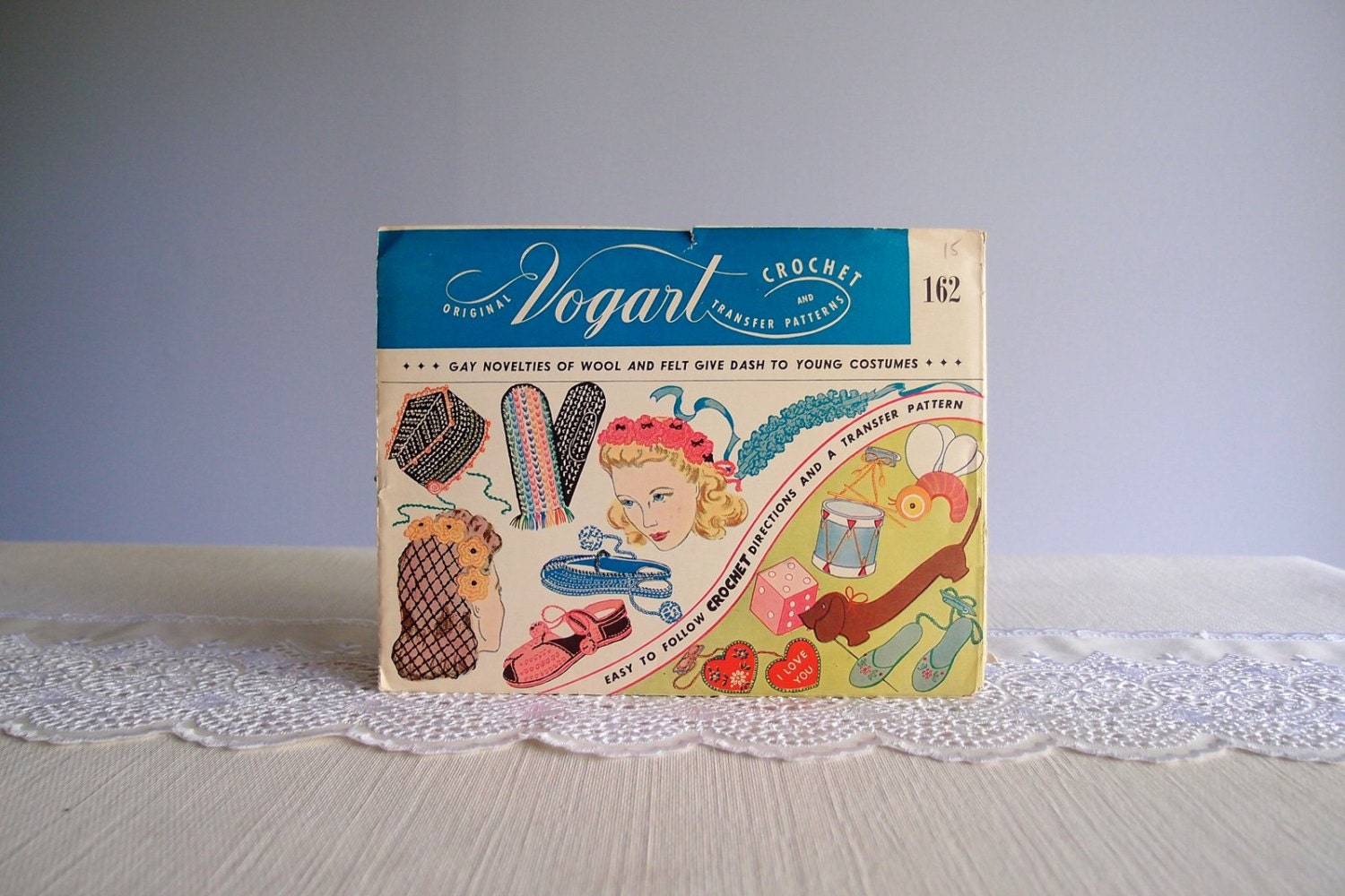 40s Vogart sewing crochet transfer Pattern for Wool and Felt Accessories...Snood, flower headband, hearts, doxies, bees, dice, & more