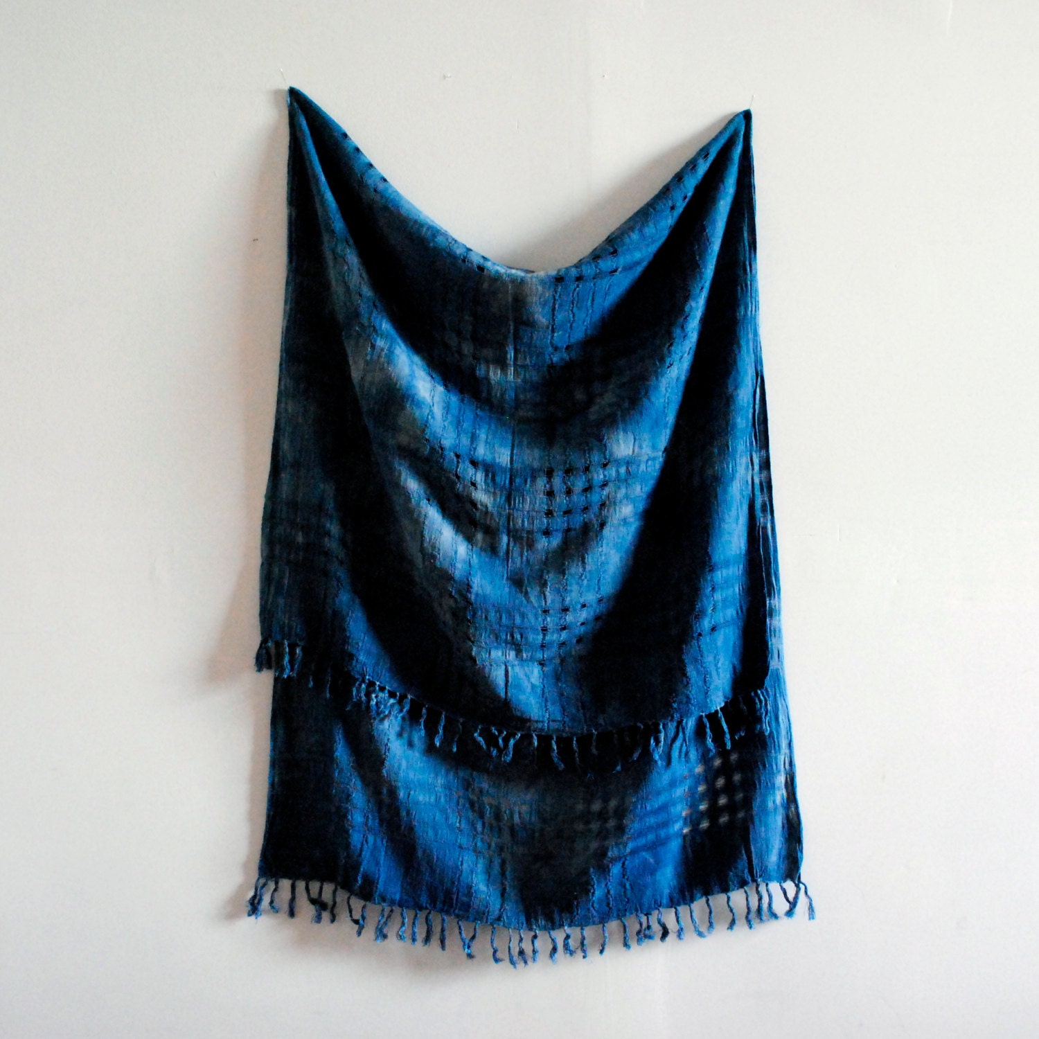 Handwoven Cotton Natural Indigo Dyed Oversized Scarf - Dark Plaid