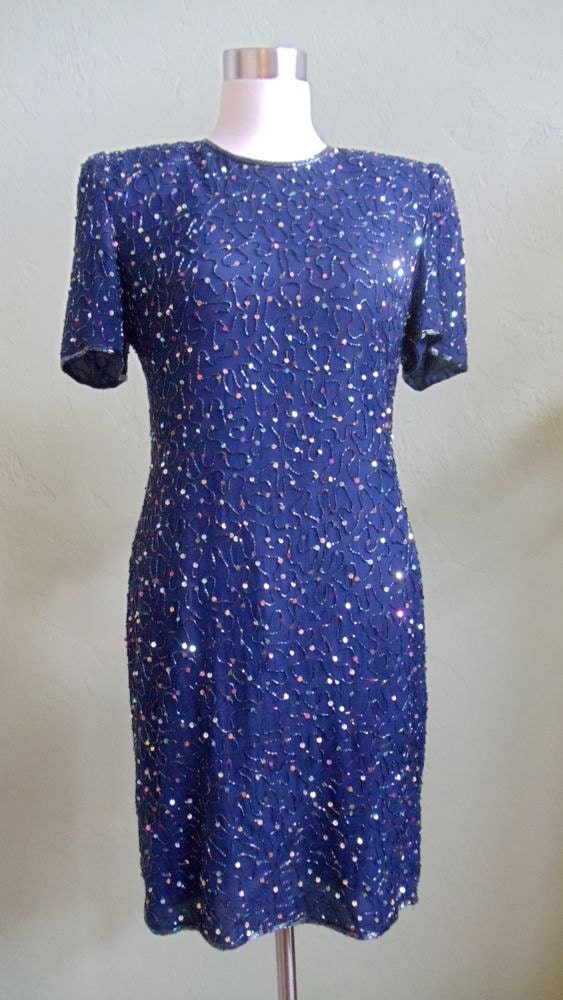 Laurence Kazar Navy Blue Evening Dress Embellished with Sequins and Bugle Beads