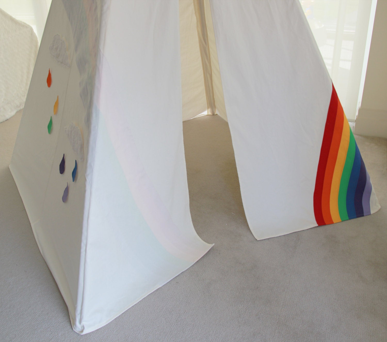 Rainbow Teepee with Fluffy Clouds & Rainbow Raindrops - Extra Large Size