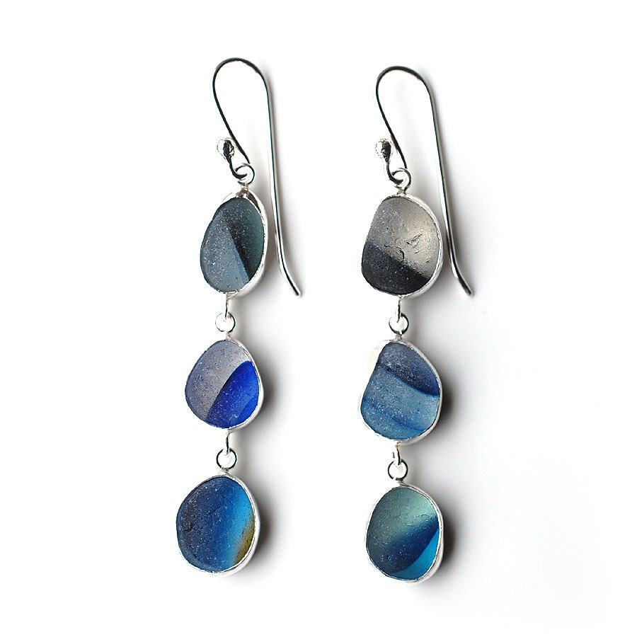 The Multi Blues -  Sea Glass Three Drop Silver Earrings