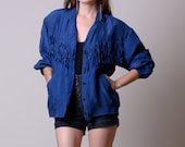 80s Fringe Jacket - Vintage Navy Blue Cowboy Fringe Jacket - Silk Slouchy Jacket - Medium Large