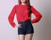 80s Red Blouse - Vintage Ruffled Blouse - Peter Pan Collar - Small Medium