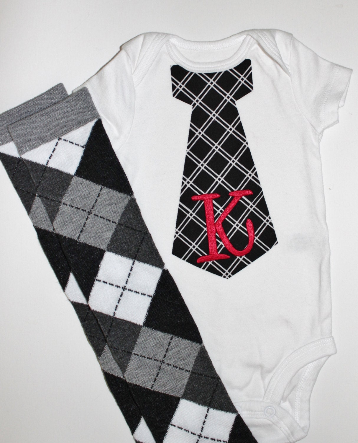 Baby Boy Tie Bodysuit with Initial in Black and White PLUS Argyle Leg Warmers