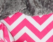 PERSONALIZED Pink CHEVRON MINKY  Baby Stroller Blanket with Gray Dot Minky - Double Minky