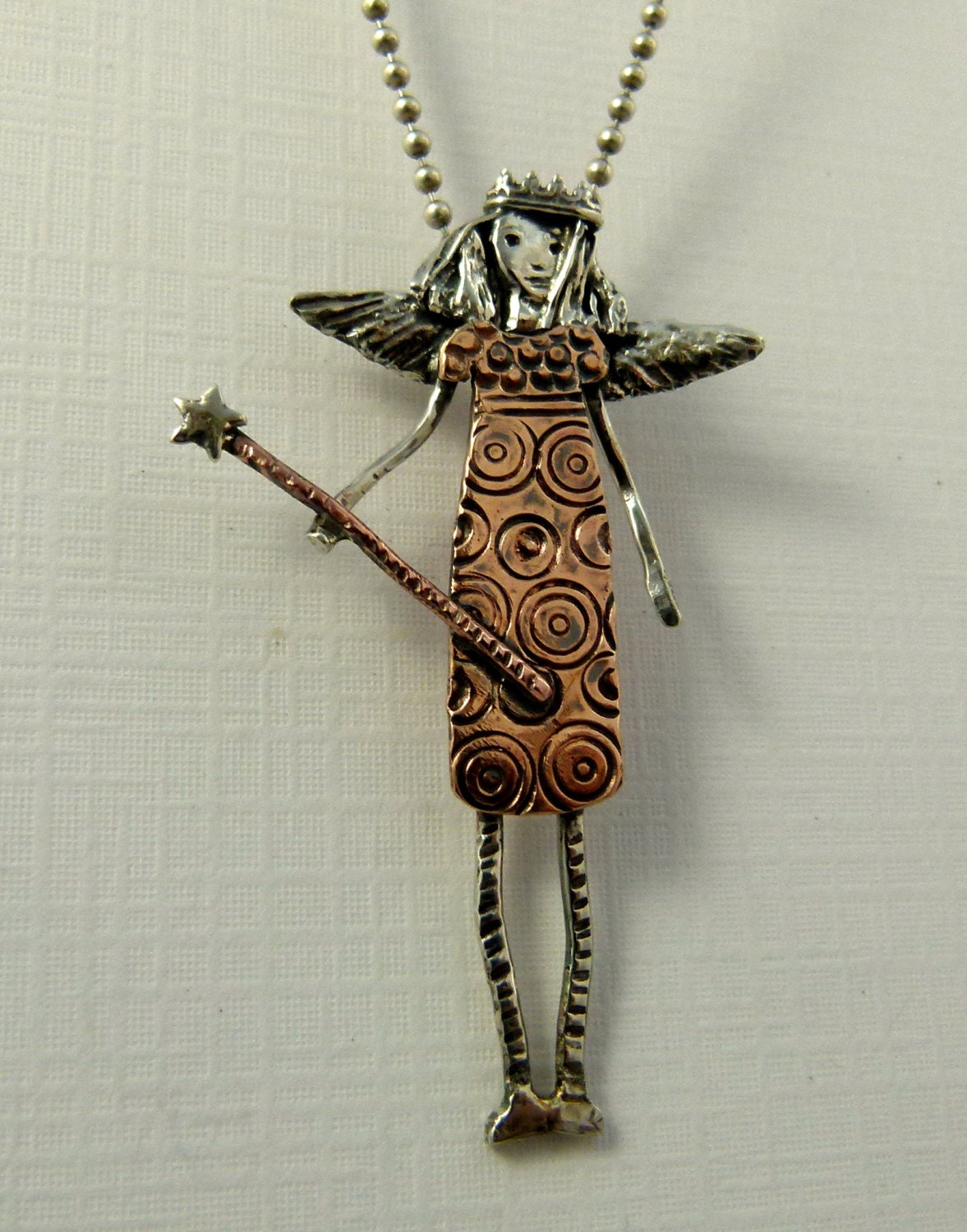 Angel Fairy Fiona Frolics In Light - Up Cycled Sterling Silverware, Copper, And PMC - Art Jewelry Pendant - 1173