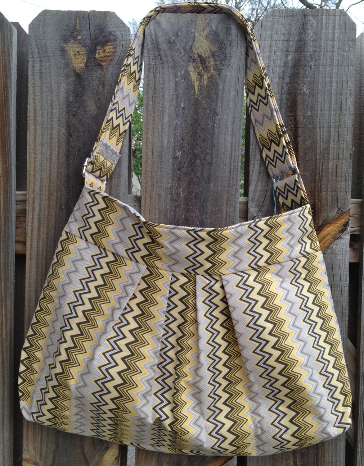 Hobo Purse Cross Body Pleated Bag with Adjustable Strap and Zipper Closure  - yellow and gray chevron