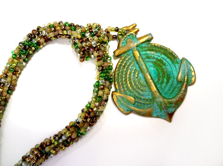 Green Anchor Beaded Earth Toned Rope Necklace with Nautical Pendant
