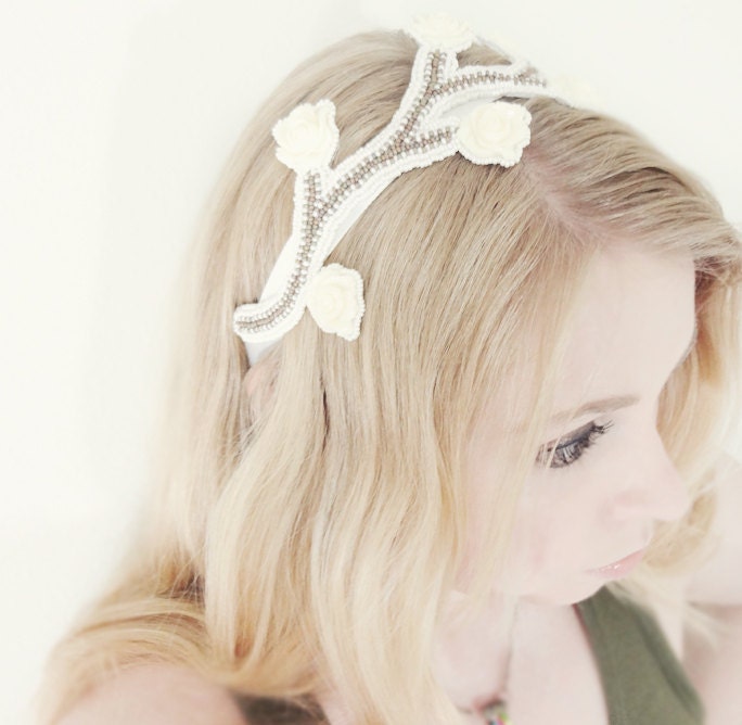 Ivory Vines - Beaded Wedding Headband on Ribbon Ties