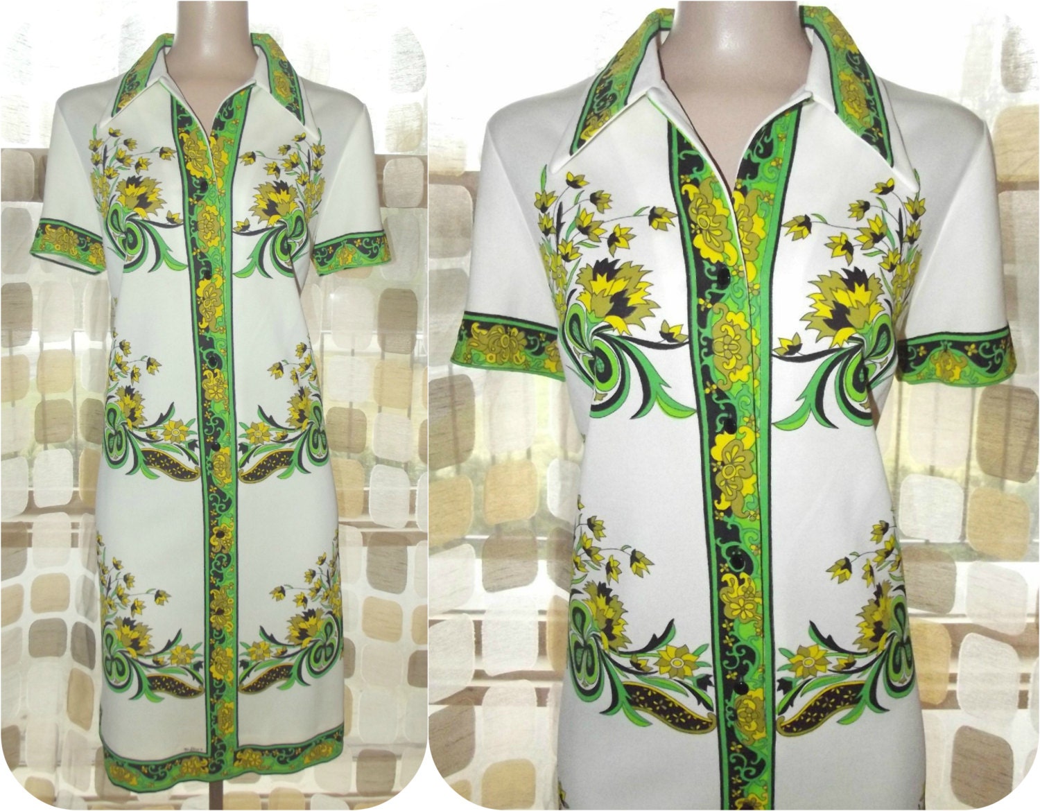Vintage 60s Psychedelic Mr. Dino Signature Shift Dress 14 XL Floral Op-Art Nouveau