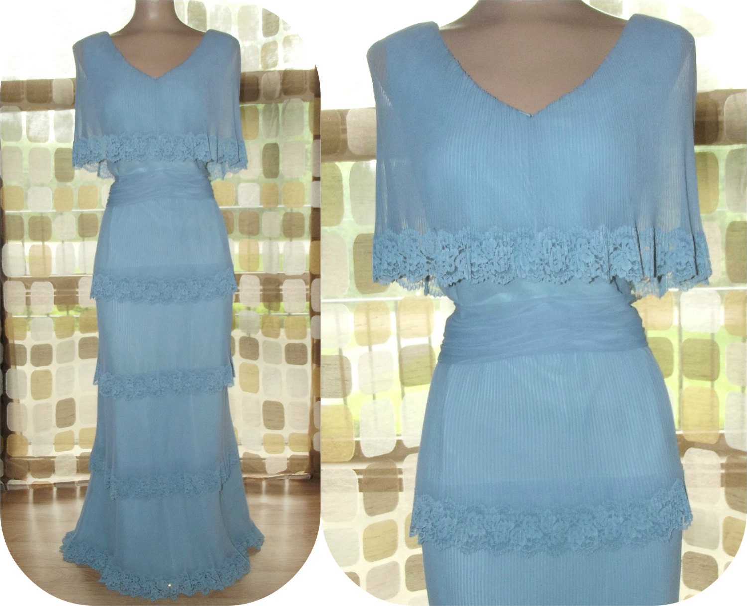 Vintage 60s Baby Blue Sheer Chiffon Gown MISS ELLIETTE 18 XXL Plus Size Accordion Pleated Hostess Maxi Dress